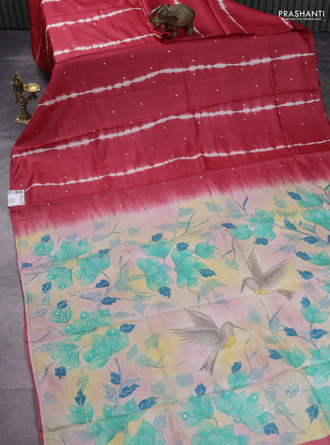Pure tussar silk saree red and pastel peach with tie & dye prints and pita work pallu