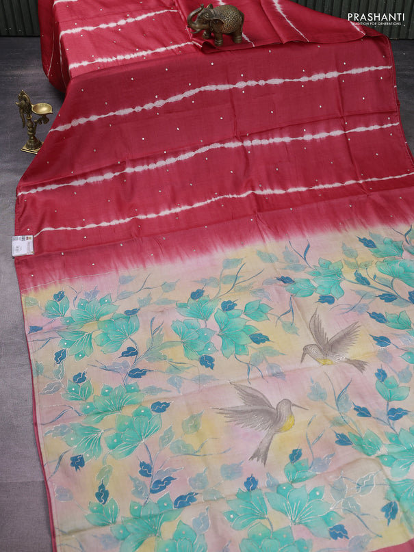 Pure tussar silk saree red and pastel peach with tie & dye prints and pita work pallu