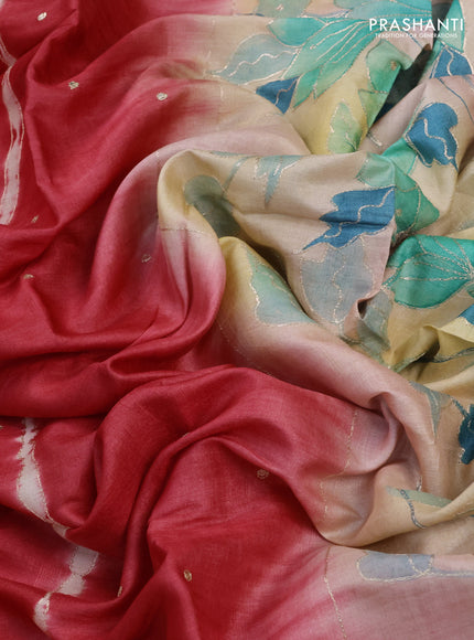 Pure tussar silk saree red and pastel peach with tie & dye prints and pita work pallu
