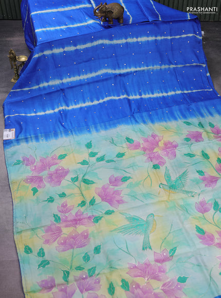 Pure tussar silk saree blue and yellow shade with tie & dye prints and pita work pallu