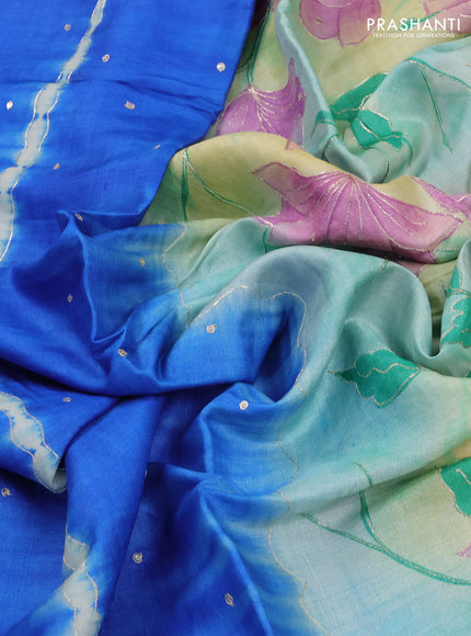 Pure tussar silk saree blue and yellow shade with tie & dye prints and pita work pallu