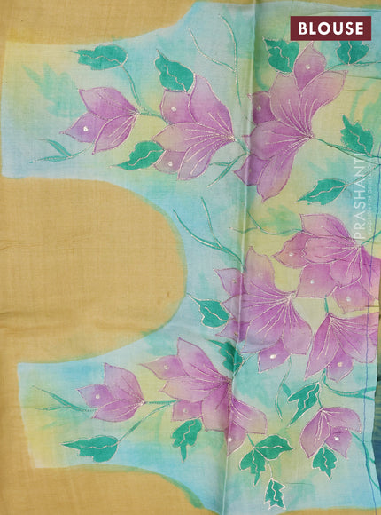 Pure tussar silk saree blue and yellow shade with tie & dye prints and pita work pallu