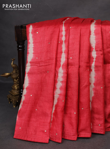 Pure tussar silk saree red and teal blue shade with tie & dye prints and pita work pallu