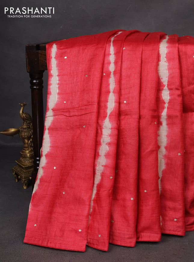 Pure tussar silk saree red and teal blue shade with tie & dye prints and pita work pallu