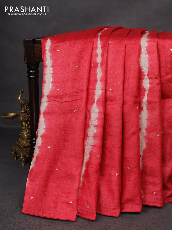 Pure tussar silk saree red and teal blue shade with tie & dye prints and pita work pallu