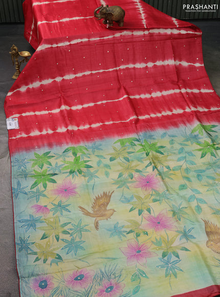 Pure tussar silk saree red and teal blue shade with tie & dye prints and pita work pallu