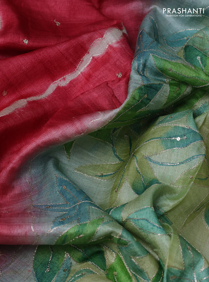 Pure tussar silk saree red and teal blue shade with tie & dye prints and pita work pallu