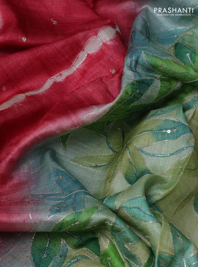 Pure tussar silk saree red and teal blue shade with tie & dye prints and pita work pallu