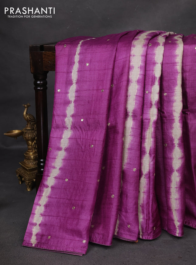Pure tussar silk saree purple shade and orange with tie & dye prints and pita work pallu