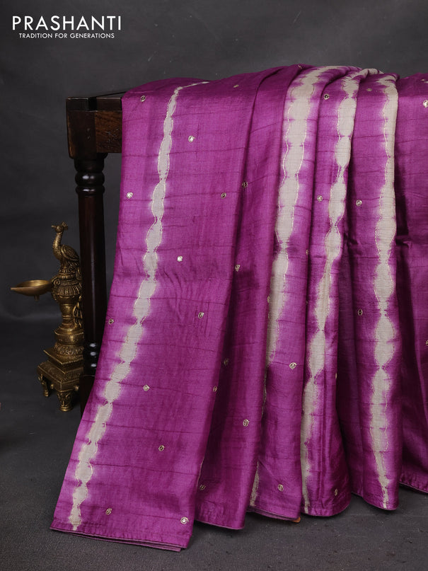 Pure tussar silk saree purple shade and orange with tie & dye prints and pita work pallu