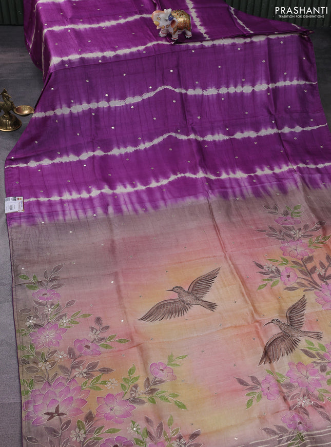 Pure tussar silk saree purple shade and orange with tie & dye prints and pita work pallu