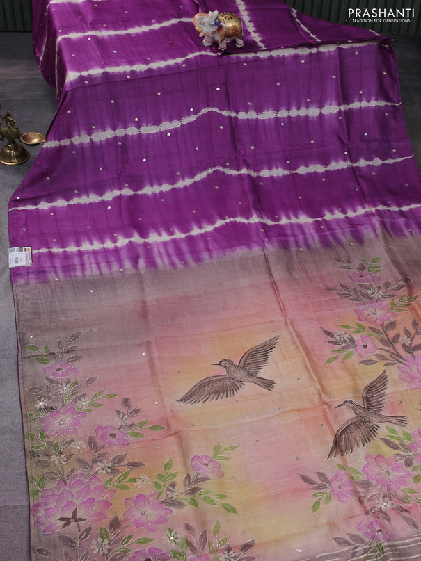 Pure tussar silk saree purple shade and orange with tie & dye prints and pita work pallu