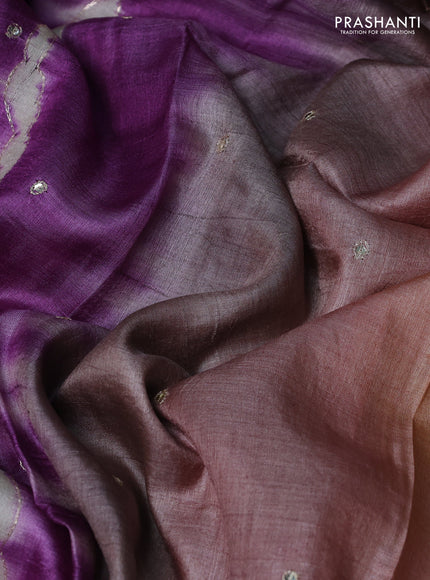Pure tussar silk saree purple shade and orange with tie & dye prints and pita work pallu