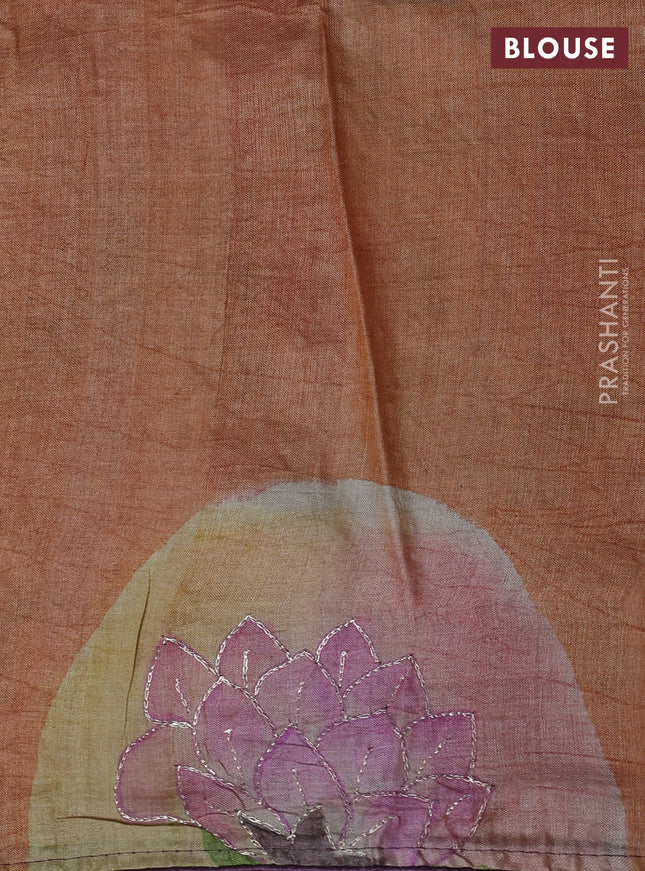 Pure tussar silk saree purple shade and orange with tie & dye prints and pita work pallu