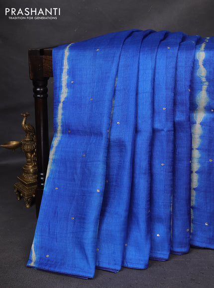 Pure tussar silk saree blue and cream with tie & dye prints and pita work pallu
