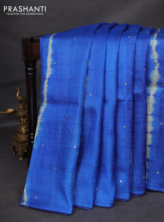 Pure tussar silk saree blue and cream with tie & dye prints and pita work pallu