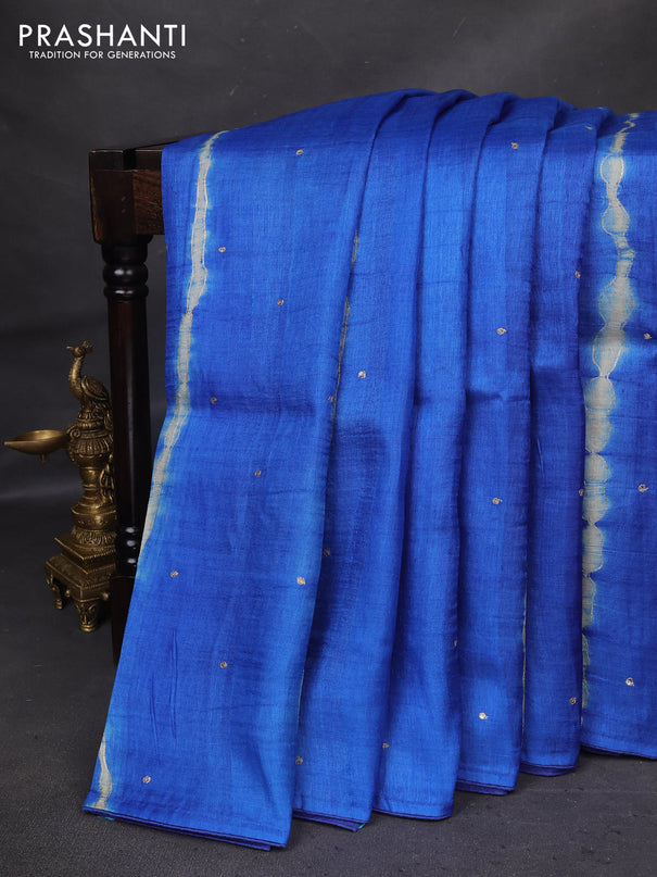 Pure tussar silk saree blue and cream with tie & dye prints and pita work pallu