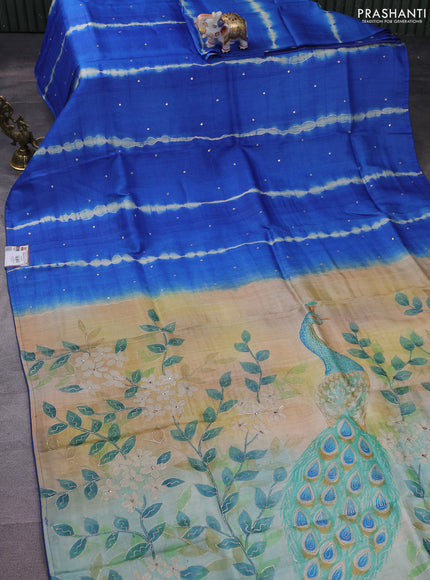 Pure tussar silk saree blue and cream with tie & dye prints and pita work pallu