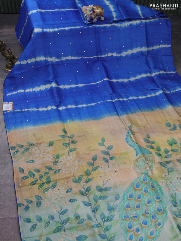 Pure tussar silk saree blue and cream with tie & dye prints and pita work pallu