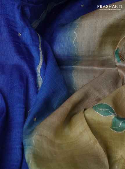 Pure tussar silk saree blue and cream with tie & dye prints and pita work pallu