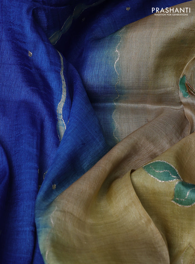 Pure tussar silk saree blue and cream with tie & dye prints and pita work pallu