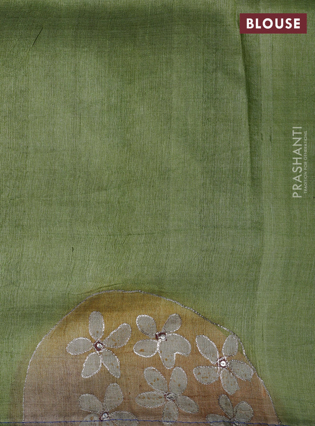 Pure tussar silk saree blue and cream with tie & dye prints and pita work pallu