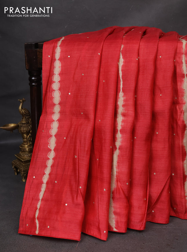 Pure tussar silk saree red and pastel brown with tie & dye prints and pita work pallu