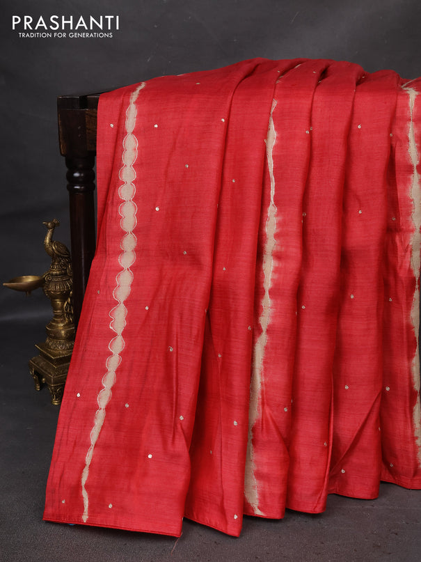 Pure tussar silk saree red and pastel brown with tie & dye prints and pita work pallu