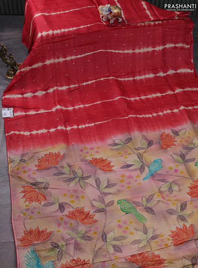 Pure tussar silk saree red and pastel brown with tie & dye prints and pita work pallu