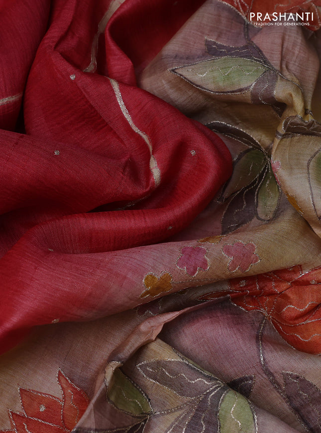 Pure tussar silk saree red and pastel brown with tie & dye prints and pita work pallu