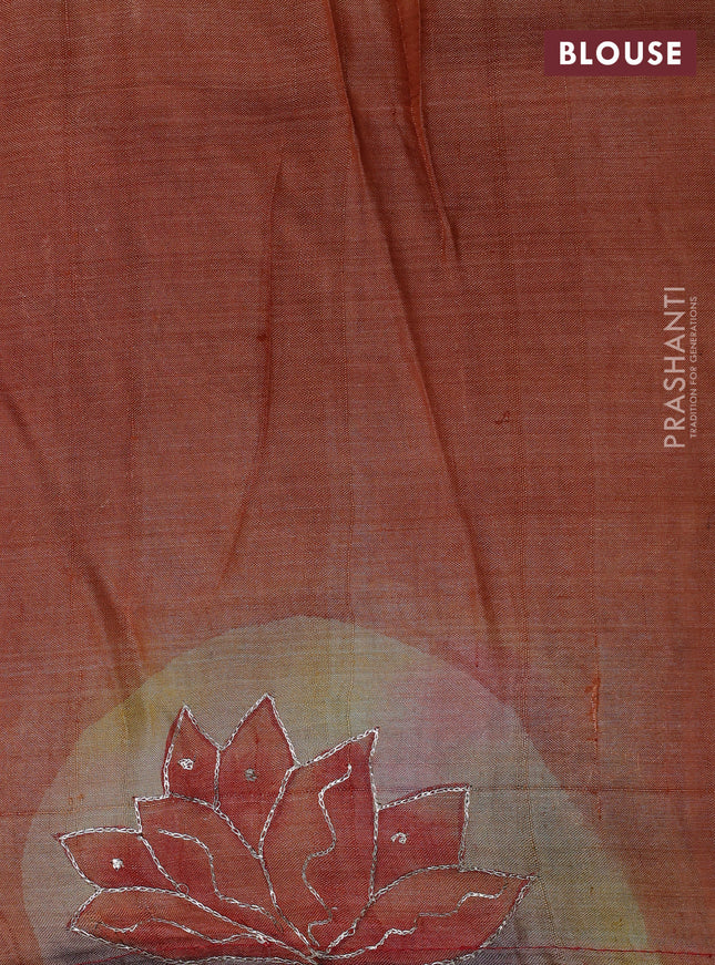 Pure tussar silk saree red and pastel brown with tie & dye prints and pita work pallu