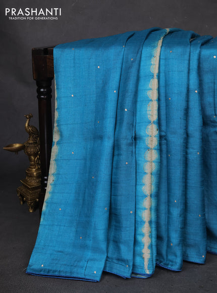 Pure tussar silk saree teal blue and green shade with tie & dye prints and pita work pallu
