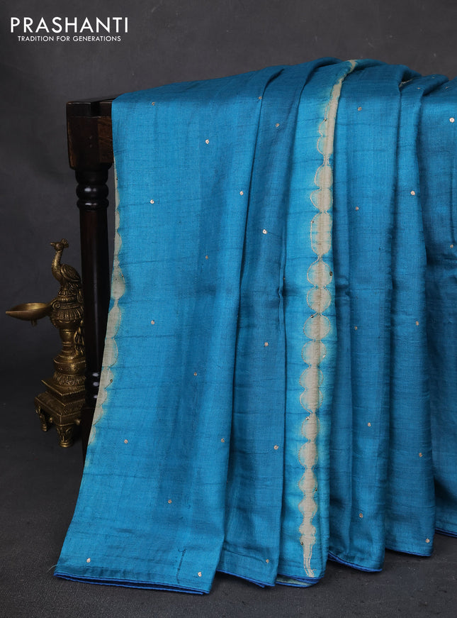Pure tussar silk saree teal blue and green shade with tie & dye prints and pita work pallu