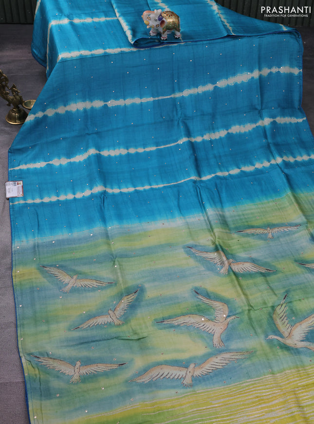 Pure tussar silk saree teal blue and green shade with tie & dye prints and pita work pallu
