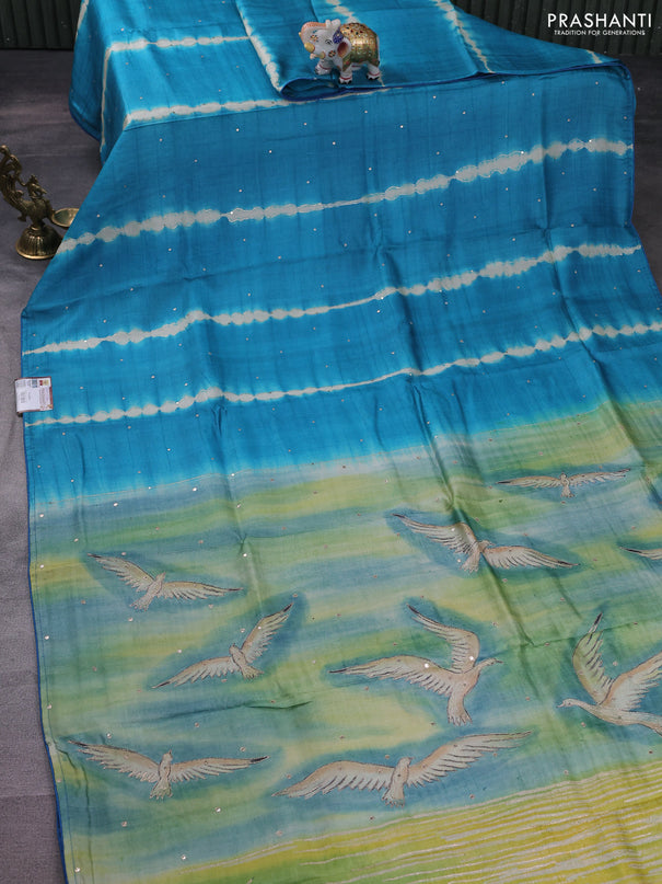 Pure tussar silk saree teal blue and green shade with tie & dye prints and pita work pallu