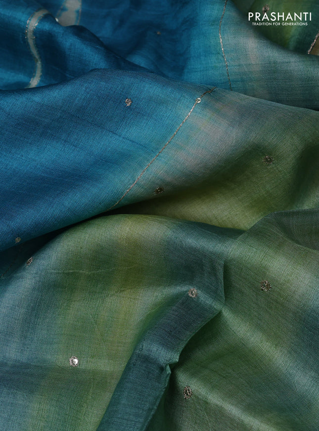Pure tussar silk saree teal blue and green shade with tie & dye prints and pita work pallu