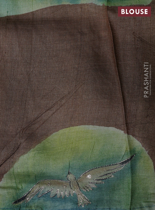 Pure tussar silk saree teal blue and green shade with tie & dye prints and pita work pallu