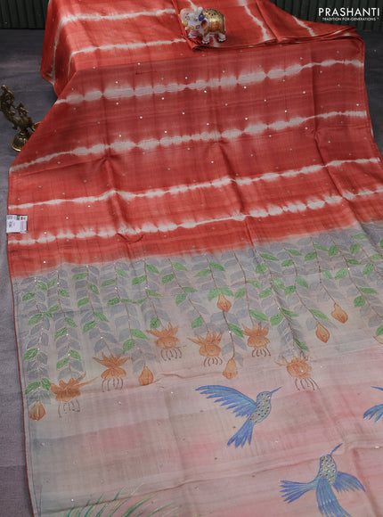 Pure tussar silk saree rustic orange and pastel grey with tie & dye prints and pita work pallu