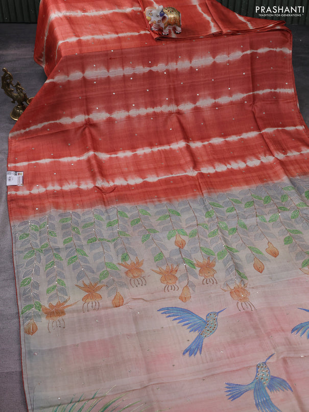 Pure tussar silk saree rustic orange and pastel grey with tie & dye prints and pita work pallu