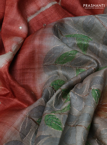 Pure tussar silk saree rustic orange and pastel grey with tie & dye prints and pita work pallu