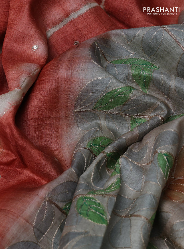 Pure tussar silk saree rustic orange and pastel grey with tie & dye prints and pita work pallu