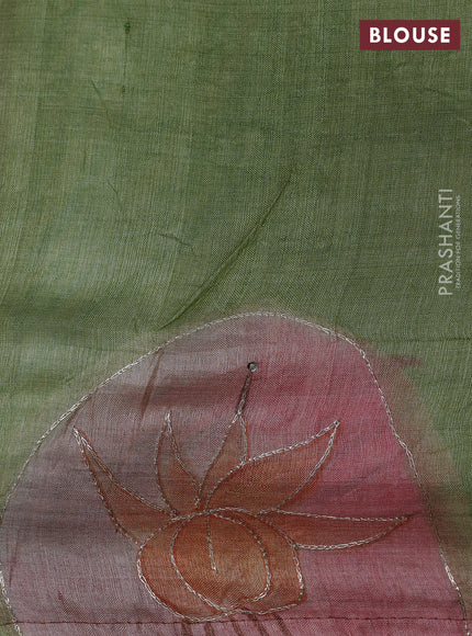 Pure tussar silk saree rustic orange and pastel grey with tie & dye prints and pita work pallu