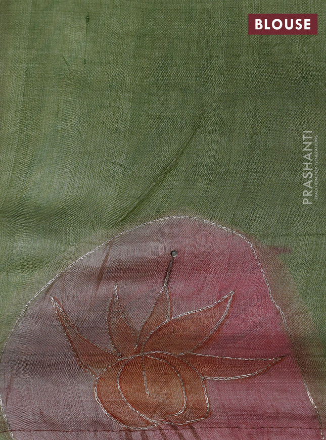 Pure tussar silk saree rustic orange and pastel grey with tie & dye prints and pita work pallu