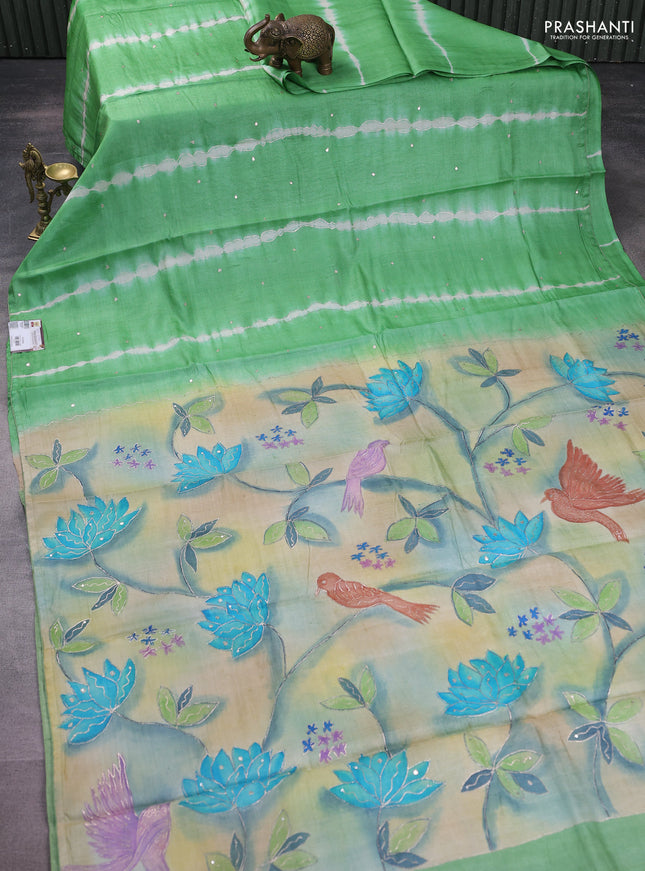 Pure tussar silk saree green and beige with tie & dye prints and pita work pallu