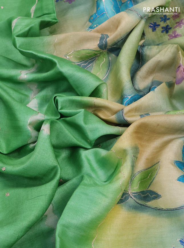 Pure tussar silk saree green and beige with tie & dye prints and pita work pallu