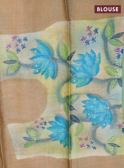 Pure tussar silk saree green and beige with tie & dye prints and pita work pallu