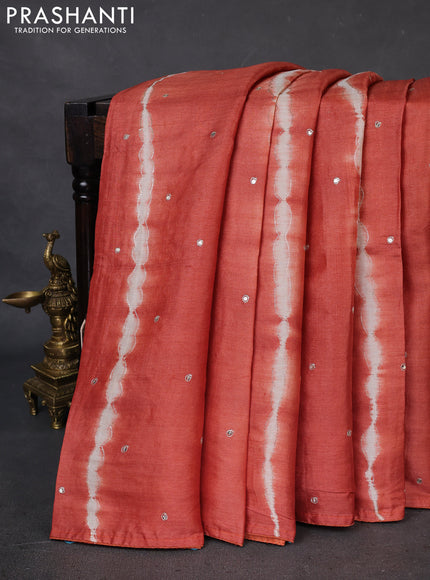 Pure tussar silk saree rustic orange and yellow with tie & dye prints and pita work pallu