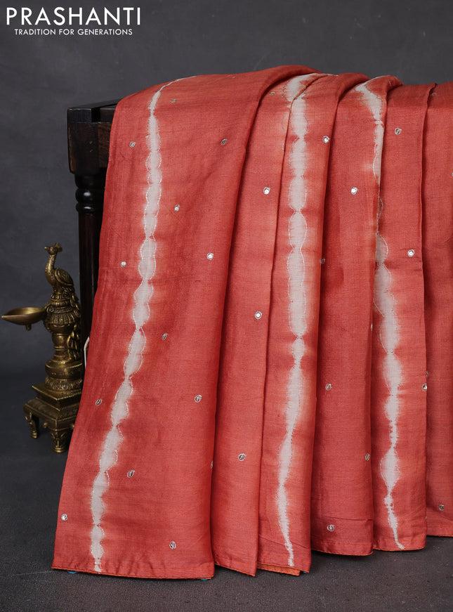 Pure tussar silk saree rustic orange and yellow with tie & dye prints and pita work pallu