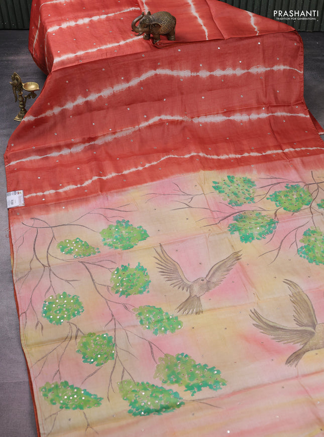 Pure tussar silk saree rustic orange and yellow with tie & dye prints and pita work pallu