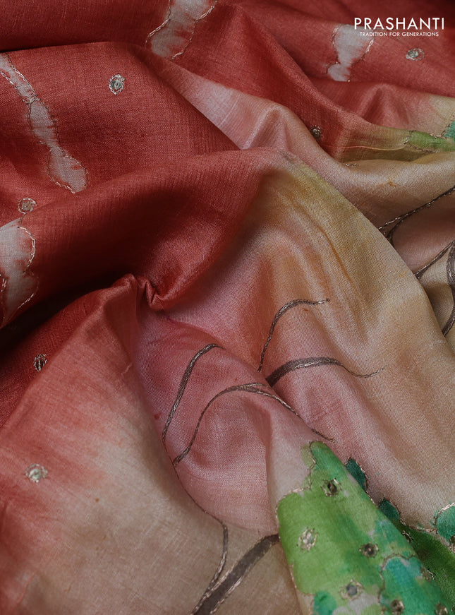 Pure tussar silk saree rustic orange and yellow with tie & dye prints and pita work pallu